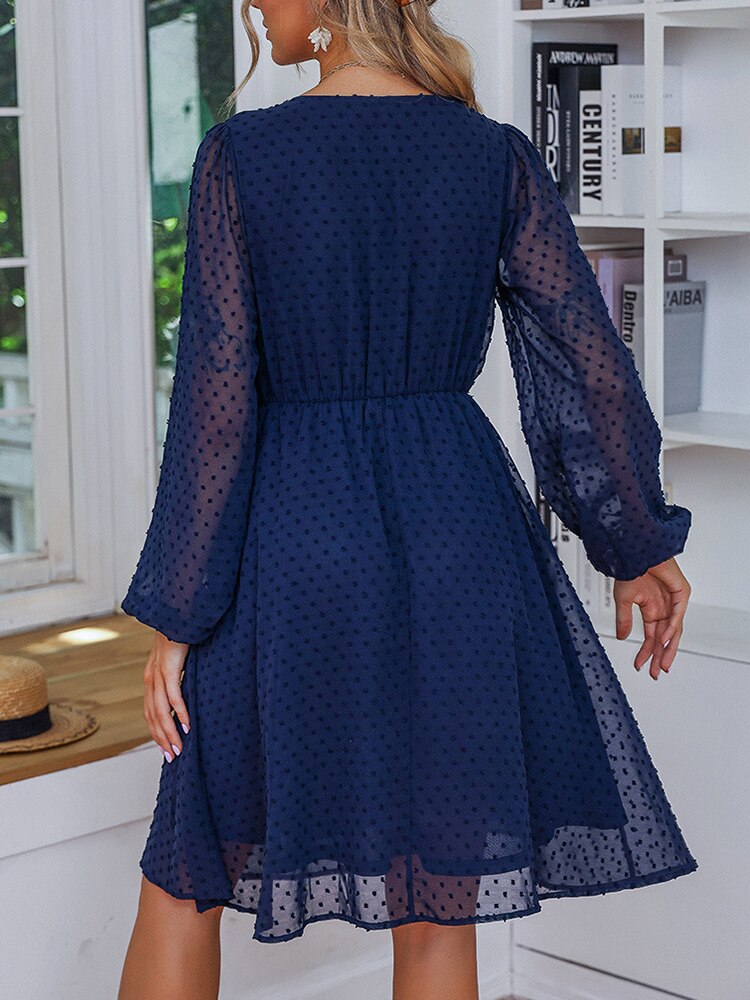 Navy Blue Polka Dot Button V Neck Transparent Dress