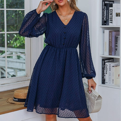 Navy Blue Polka Dot Button V Neck Transparent Dress