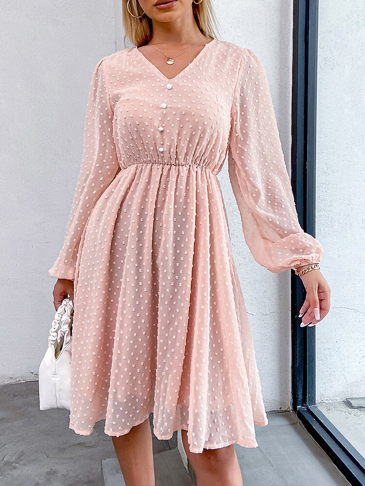 Navy Blue Polka Dot Button V Neck Transparent Dress