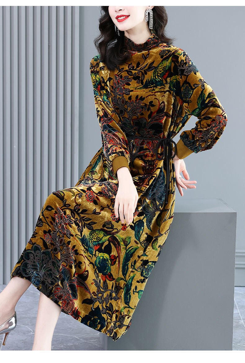 Gold Velvet Fashion Big High Collar Bottoming Dress 2022 Autumn And
