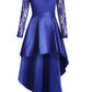 Royal Blue Lace Long Sleeve High Low Satin Prom Dress