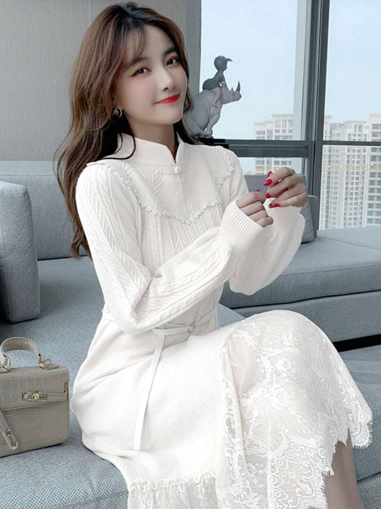 Maxi Dresses For Women Party Long Sleeve Midi Patchwork Knitted