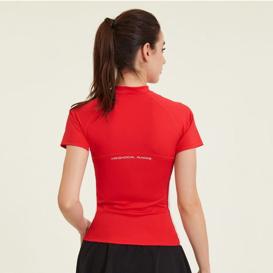 New Women Slim Sports Fitness Yoga Shirts Short Sleeve Half Zipper