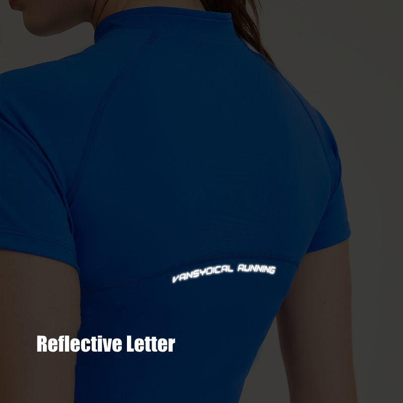 New Women Slim Sports Fitness Yoga Shirts Short Sleeve Half Zipper