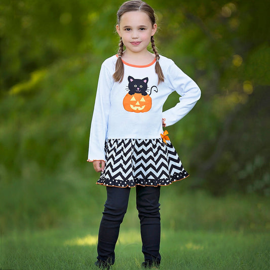 AnnLoren Girls' Halloween Orange Pumpkin and Black Cat Dress &