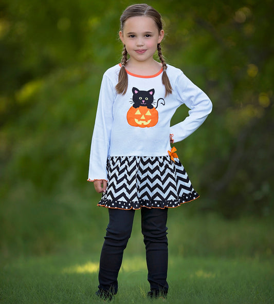 AnnLoren Girls' Halloween Orange Pumpkin and Black Cat Dress &
