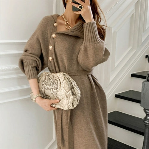 Summer Women Long Loose Knitted Sweater Dress Korean Lady Long Sleeve