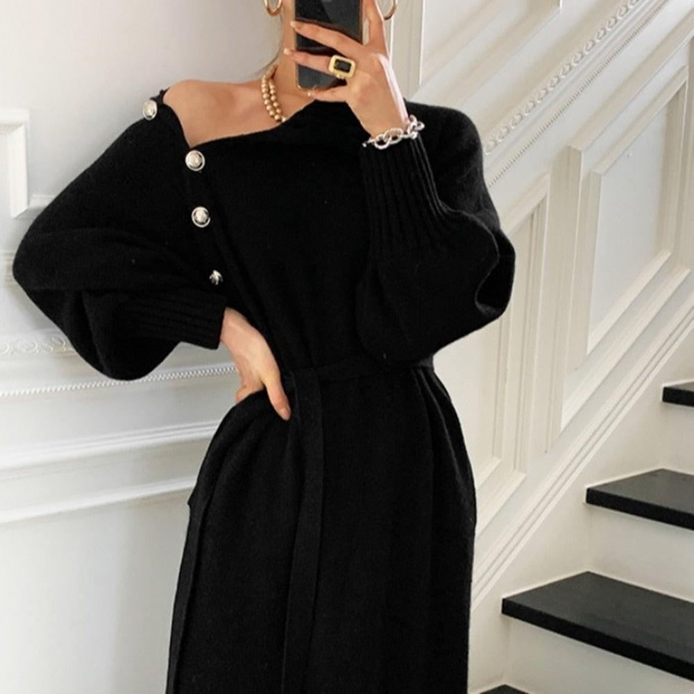 Summer Women Long Loose Knitted Sweater Dress Korean Lady Long Sleeve