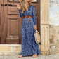 Winter Autumn Fashion Women V Neck Print Long Dress Casual Irregular