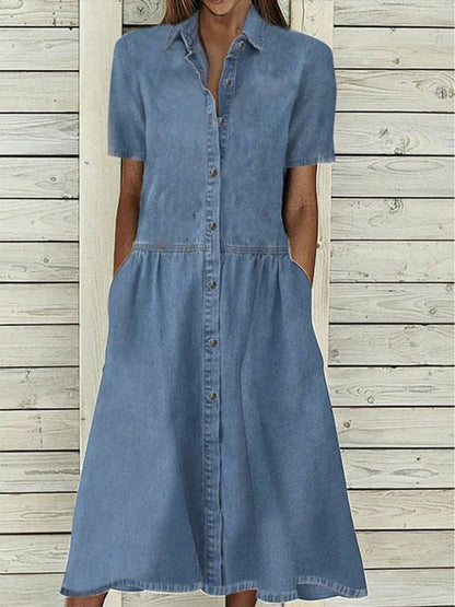 Elegant Solid Single-breasted Midi Dress