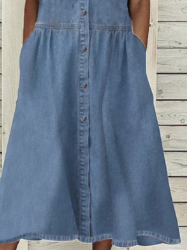 Elegant Solid Single-breasted Midi Dress
