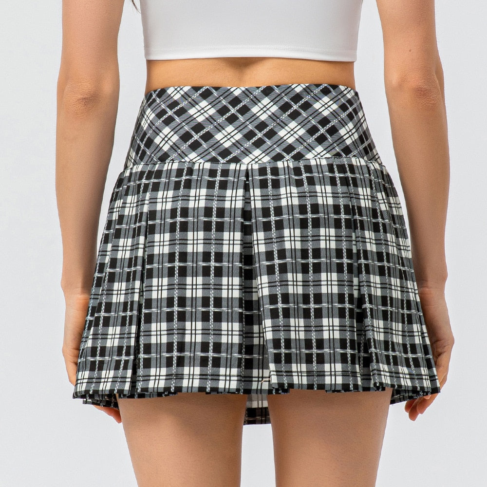 Women's Plaid Sports Short Pleated Skirt Outdoor Running Dance Yoga