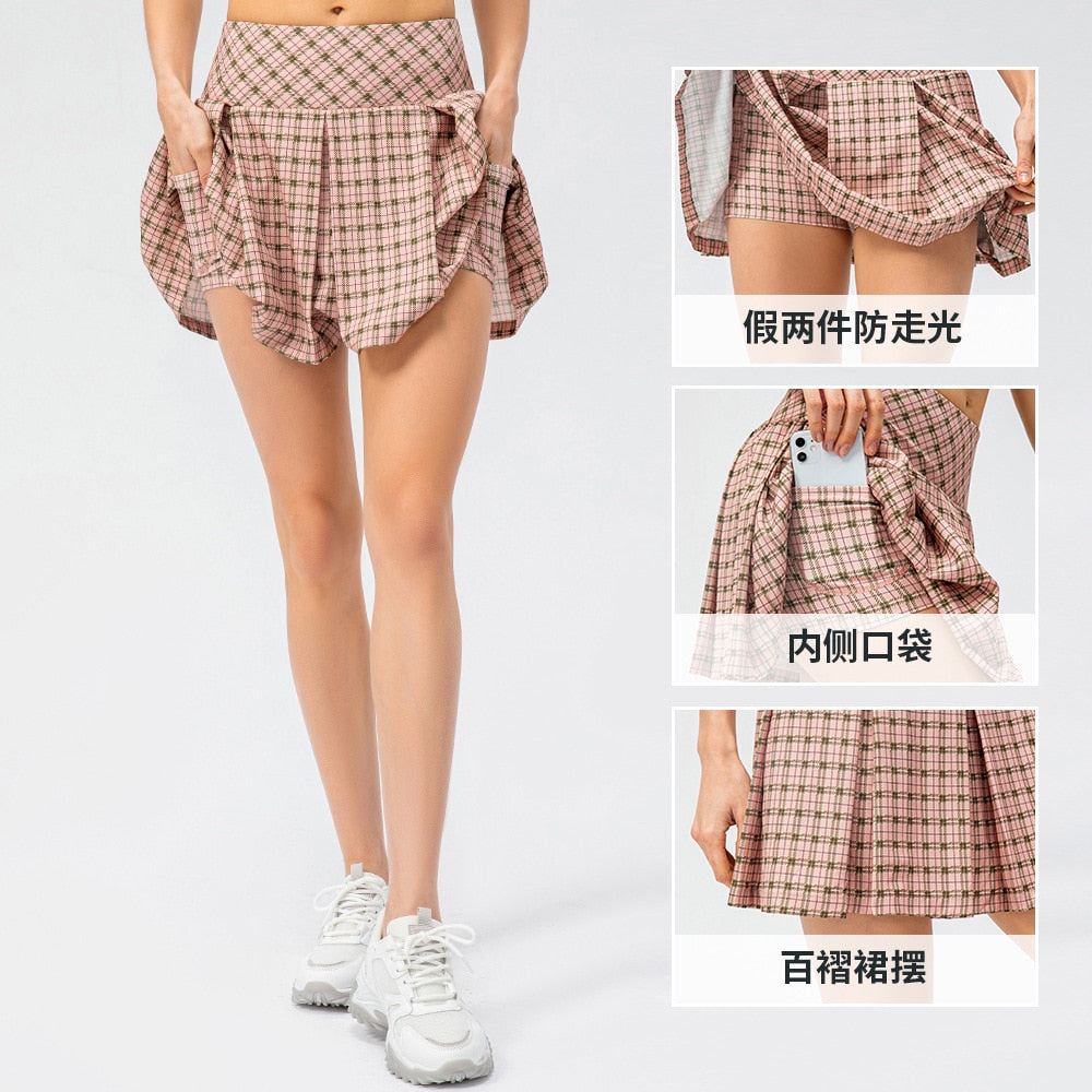 Women's Plaid Sports Short Pleated Skirt Outdoor Running Dance Yoga