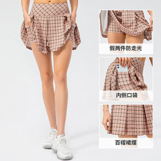 Women's Plaid Sports Short Pleated Skirt Outdoor Running Dance Yoga