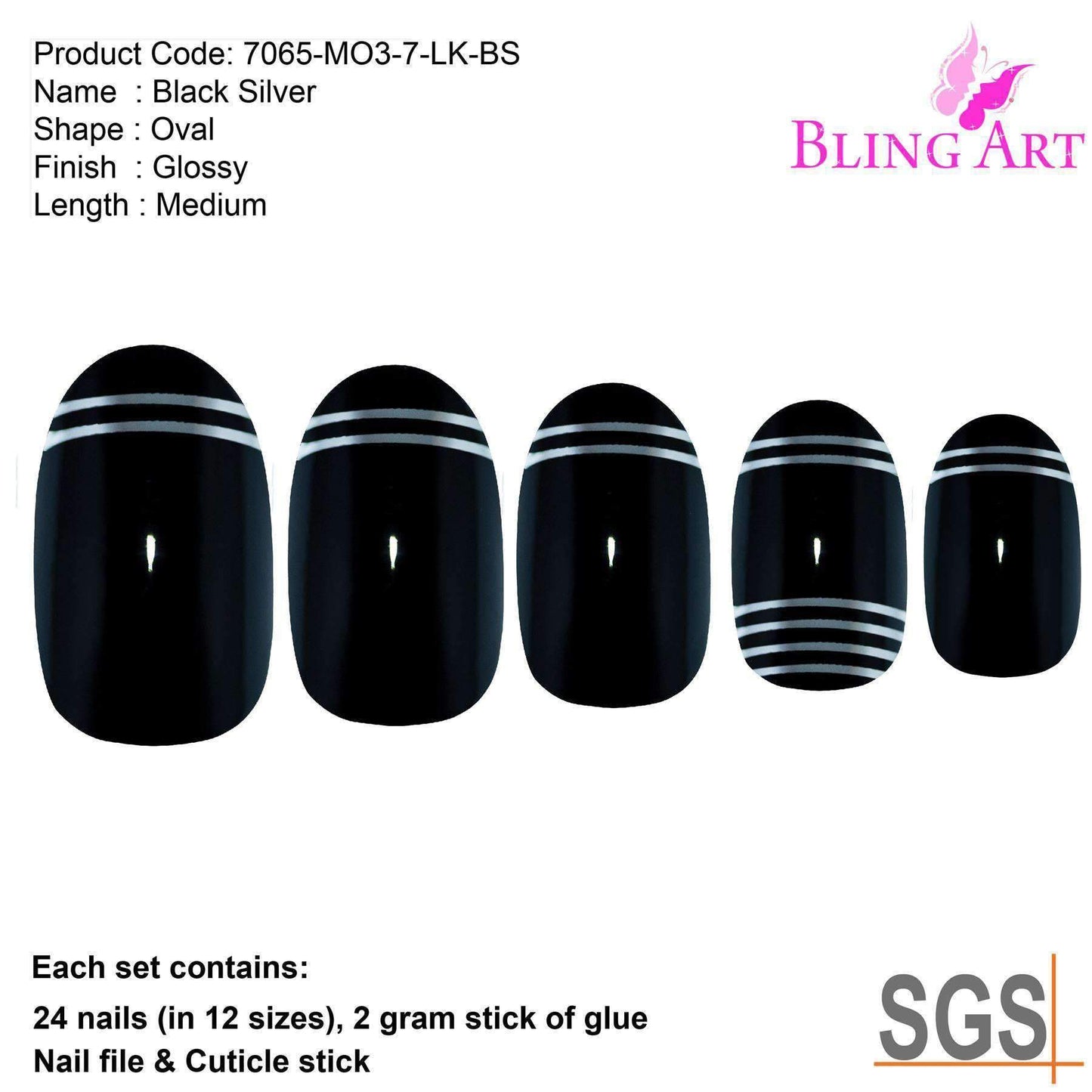 False Nails by Bling Art Black Silver Glossy Oval Medium Fake 24