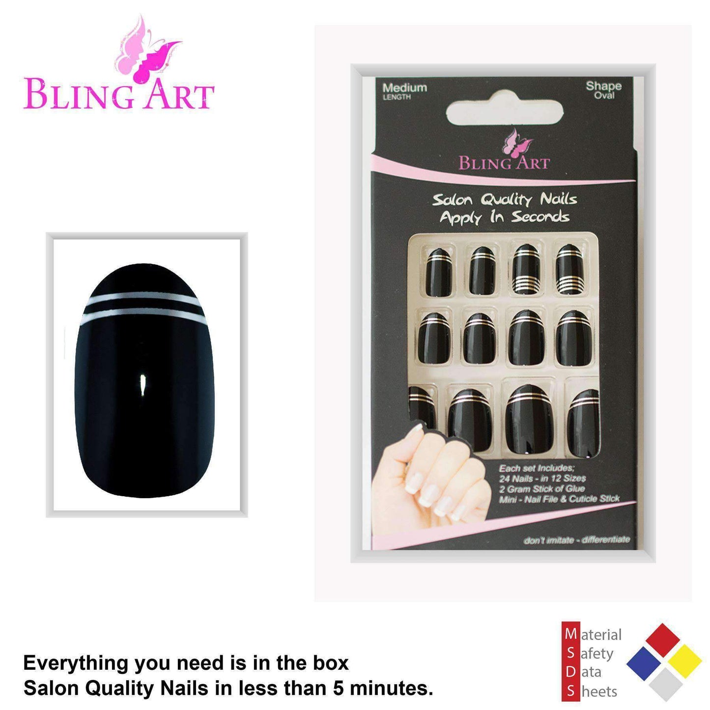 False Nails by Bling Art Black Silver Glossy Oval Medium Fake 24