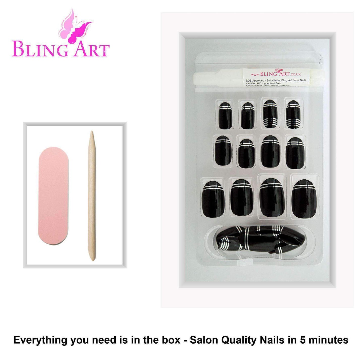 False Nails by Bling Art Black Silver Glossy Oval Medium Fake 24