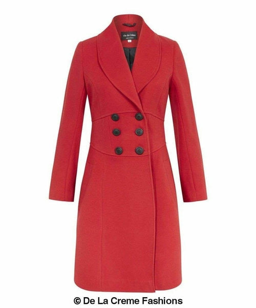 De La Creme - Womens Slim Fit Double Breasted Roll Collared Coat